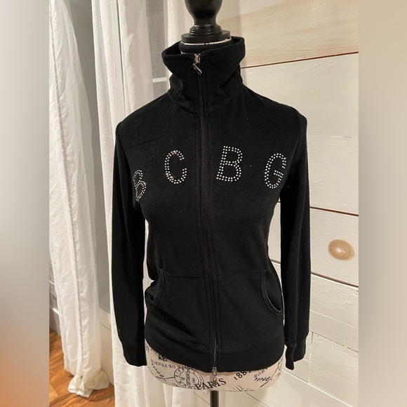 BCBG Black Zip-Up Jacket, size small, rhinestones, studded, GUC, see photos - Picture 1 of 10